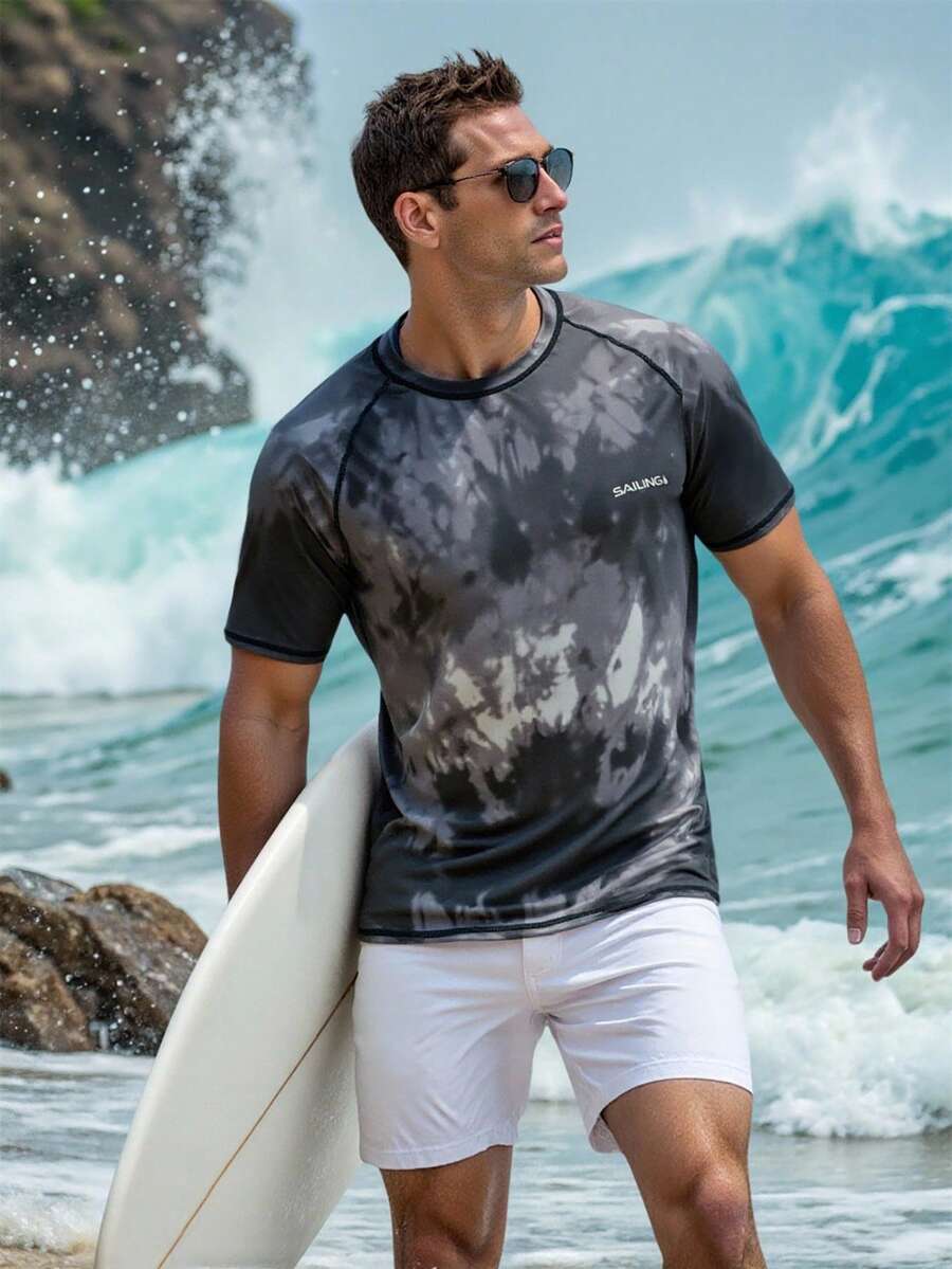 Manfinity KASUA Men's Summer Beach Tie-Dye Raglan Sleeve Rash Guard - Black - View 1