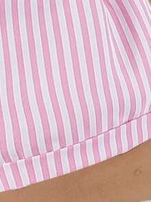 Souflis Souflis 1pc Baby Girl Elegant Sweet Ribbed Asymmetric Strap Design Floral Decor Top Paired With Pink Striped Shorts Set, Suitable For Street, Travel Photography In Summer - Pink - View 8