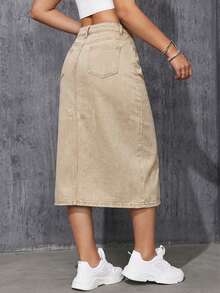 SHEIN ICON Minifalda de mezclilla casual con bolsillo en diagonal y abertura hasta el muslo de unicolor para mujer - Caqui - Ver 3