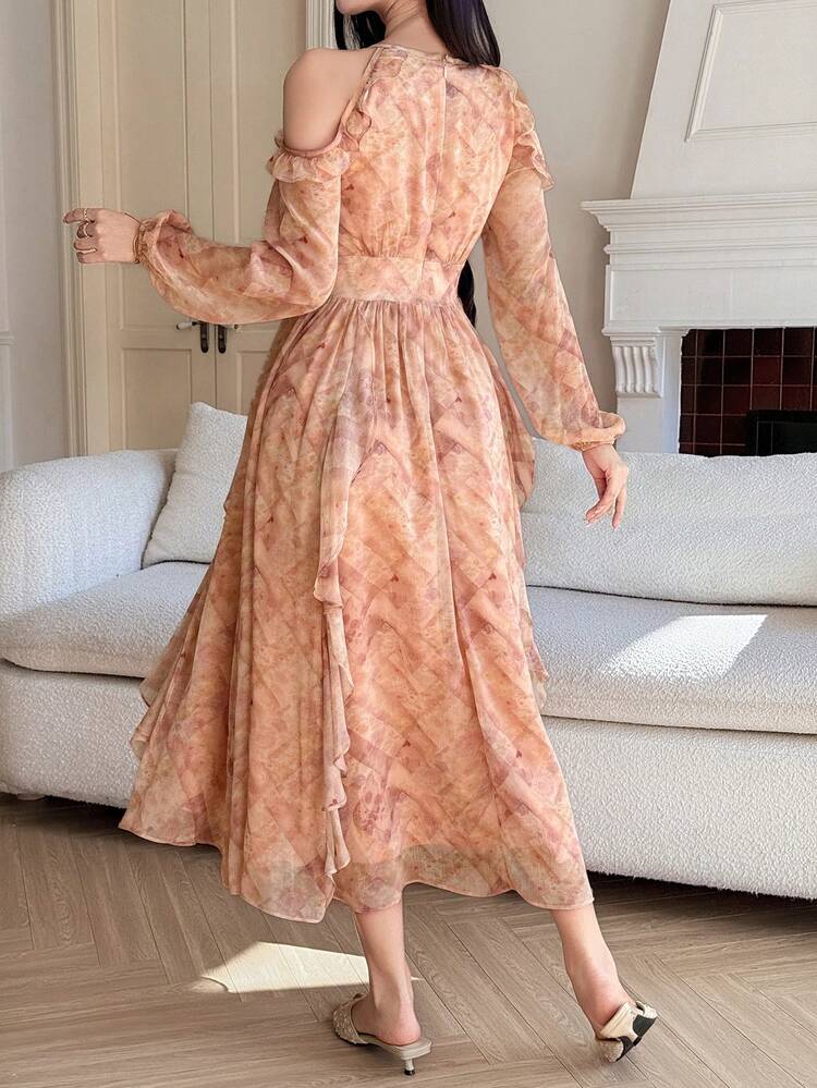 Women's Elegant Floral Print Halter Neck Cold Shoulder Ruffle Hem Mid-Length Dress, Spring/Summer Wedding Guest Dress Sundress Boho