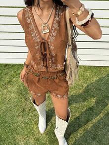 SHEIN EZwear 女士麂皮刺绣无袖背心，卡其色 - 摩卡棕 - 查看 7