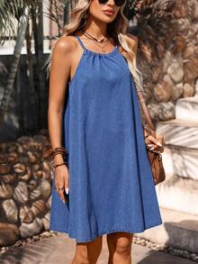 Breezaya Solid Color Spaghetti Strap Loose Casual Summer Versatile Denim Dress Spring Summer  Vacation - Medium Wash - View 4