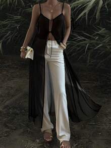 Livesso Thin Sheer Black Cardigan With Tie Front And Waist Tie, Mid-Length Design, Suitable For Spring/Summer, Music Festivals, Valentine's Day, Weddings, Casual, Beach - Black - View 1