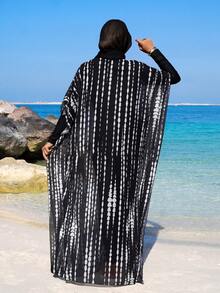 Swim Mulvari Đầm midi dáng rộng tay lửng bằng vải lưới kẻ sọc dành cho nữ mùa hè, thích hợp mặc đi biển, kiểu kaftan, thích hợp cho kỳ nghỉ. - màu đen - Xem 2