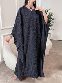 Al Najma V-Neck Criss-Cross Tie Design Elegant Laser Cut Fabric Long Sleeve Maxi Dress, Turkish & Arabic Traditional Abaya - Navy Blue - View 5