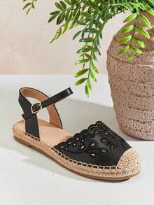 Solezae Women's Elegant Floral Cut-Out Round Toe Mary Jane Flat Espadrilles - Black - View 7