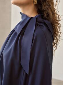 MOTF PREMIUM WOMEN'S BLUE TIE NECK LOOSE LONG SLEEVE ELEGANT VERSATILE BLOUSE - Blue - View 4