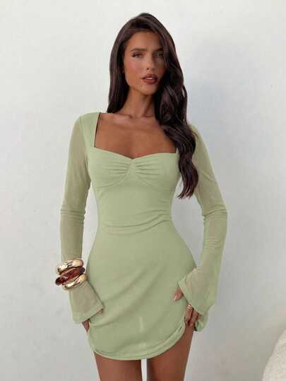 Aloruh Women's Elegant Square Neck Ruched Flare Sleeve Fitted A-Line Mini Dress ,Summer Dress,Spring Dresses For Women