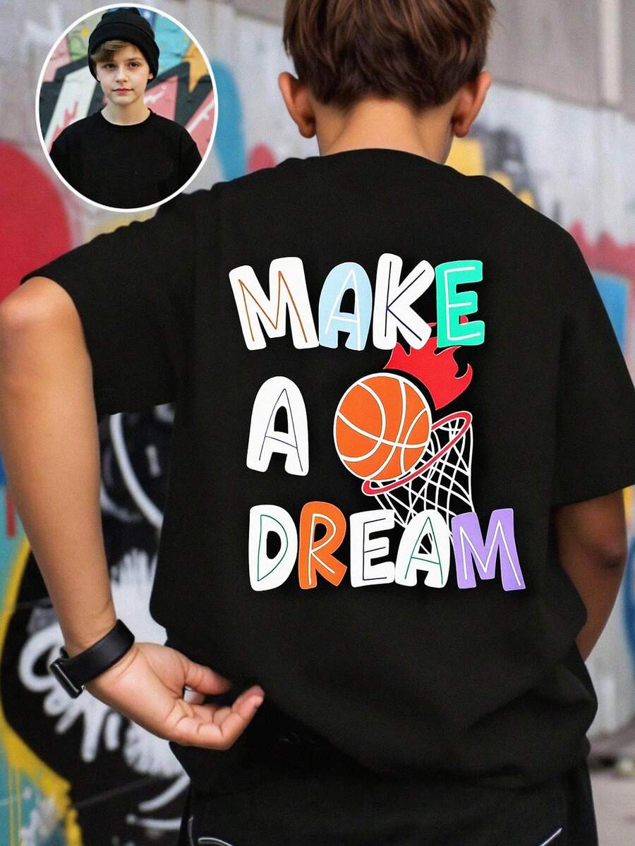 SHEIN 青少年男童撞色卡通字母篮球图案黑色短袖圆领T恤，休闲、校园、舒适、时尚、百搭、面料柔软，适合日常穿着、上学、郊游、户外运动、春夏篮球等场合。 - 黑色 - 查看 1