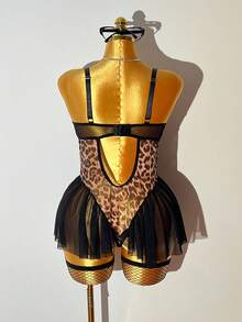 3pcs Set Sexy Leopard Print Lace Patchwork Deep V Sheer Criss-Cross Backless Jumpsuit - Multicolor - View 2