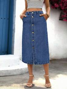 Breezaya 女士不对称纽扣前开衩口袋休闲牛仔迷你裙 - 藍色 - 查看 6