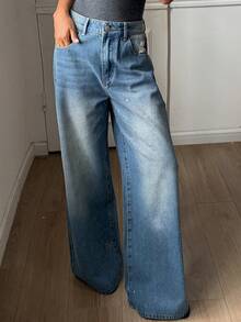 Western Cowgirl Distressed Loose Wide Leg Jeans, Shiny Silver Casual Street Style For Women, Spring/Summer - Blue - View 3