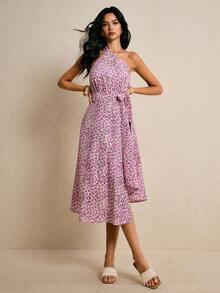 Poéselle 女士夏季沙滩度假碎花裹身系腰半身裙 - 紫色 - 查看 6