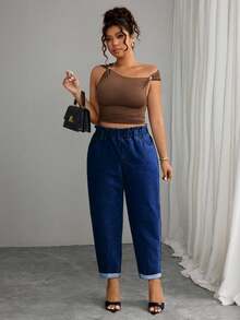 Elenzga Plus Size Solid Color Slant Pocket Elastic Waist Casual Versatile Jeans - Dark Wash - View 4