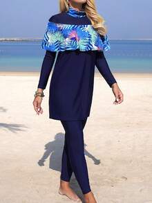 Swim Mulvari 三件套：热带树叶印花和纯色无袖背心、长袖荷叶边沙滩裙、蓝色打底裤、优雅修身女士泳装 - 藍色 - 查看 5