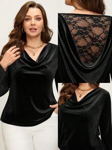 Comfylo 女士休闲百搭日常单品天鹅绒蕾丝拼接高领长袖T恤 - 黑色 - 查看 4