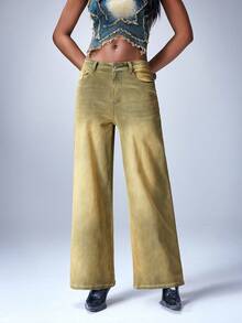 Y2Kool BiGraphic Women's Music Festival Sexy Hot Chick Y2K Yellow-Green Retro Mid-Rise Loose-Fit Distinctive Slightly Flared Casual Slimming Straight-Leg Jeans Distressed Washed Design Versatile Fashionable Pants - Yellow - View 3