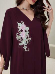 Yasmyna Contrast Color Patchwork Luxurious 3D Embroidered Applique V-Neck Long Sleeve Turkish Tunic - Burgundy - View 3