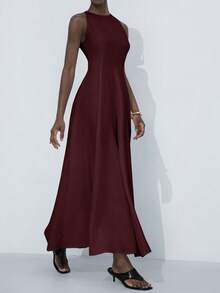 Aveloria Modichic Elegant Round Neck Sleeveless Oblique Shoulder Cinched Waist Exaggerated Pleated Ruffle Maxi A-Line Dress For Women - Burgundy - View 3