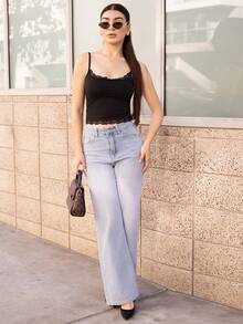Andrea Bello Quần denim ống rộng dáng rộng, thường ngày, đa năng, có túi cho nữ - Rửa nhẹ - Xem 1