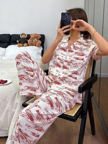 Dream Adore Bubble Print Open Front Lapel Short Sleeve Pajama Set For Women - Multicolor - View 1