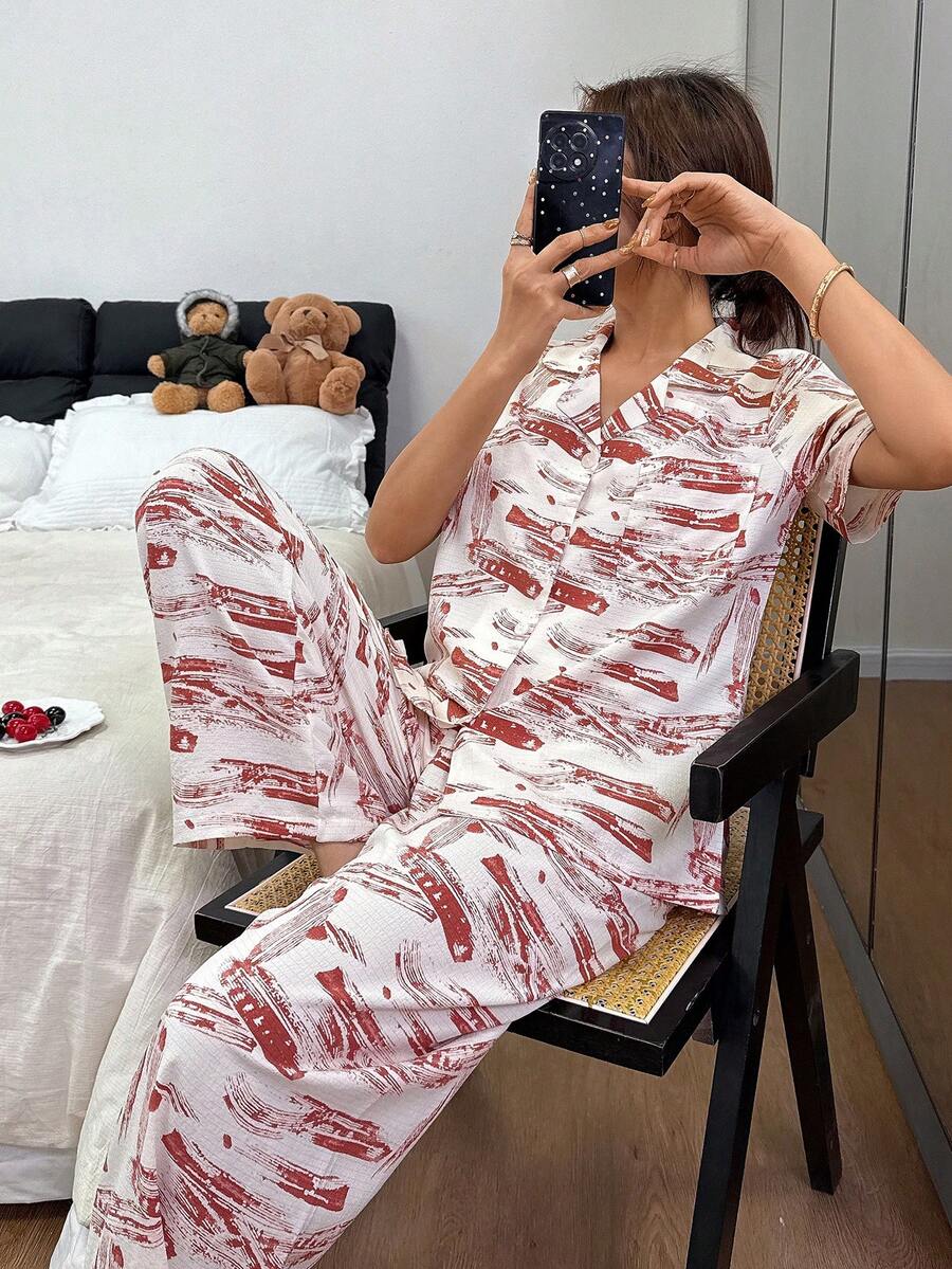 Dream Adore Bubble Print Open Front Lapel Short Sleeve Pajama Set For Women - Multicolor - View 1