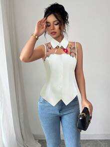 Elenzga Women's Summer New Black Mesh Patchwork 3D Rose Casual Shirt (Random Print) - Apricot - View 4
