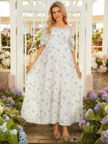 SHEIN 优雅孕妇碎花褶皱连衣裙 - 藍色 - 查看 3