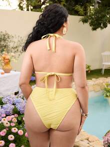 Swim Mod 2026新款夏季海滩度假多巴胺黄纹理三角杯加大码女式泳装套装，甜美节前加大码女式泳装套装 - 鵝黃色 - 查看 2