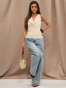 SHEIN BAE 优雅雪纺飘逸不对称露肩无袖上衣，适合早午餐、婚礼宾客、夏季穿着，杏色、奶油色 - 杏色 - 查看 4