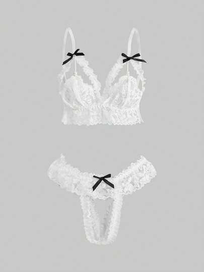 ROMWE Kawaii Lace Contrast Color Bow Sexy Lingerie Set For Women