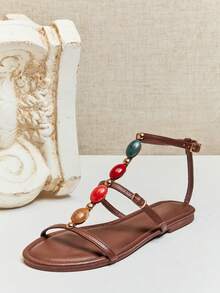 SHUZIA Sandal đế bằng nữ thoải mái, dễ thương, thích hợp cho mùa hè, đi nghỉ mát, đi chơi, với họa tiết đá nhiều màu sắc. - Cà phê nâu - Xem 2
