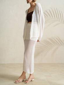 Airaco 女士休闲度假简约宽松针织镂空开衫半裙套装，春夏款 - 米色 - 查看 1