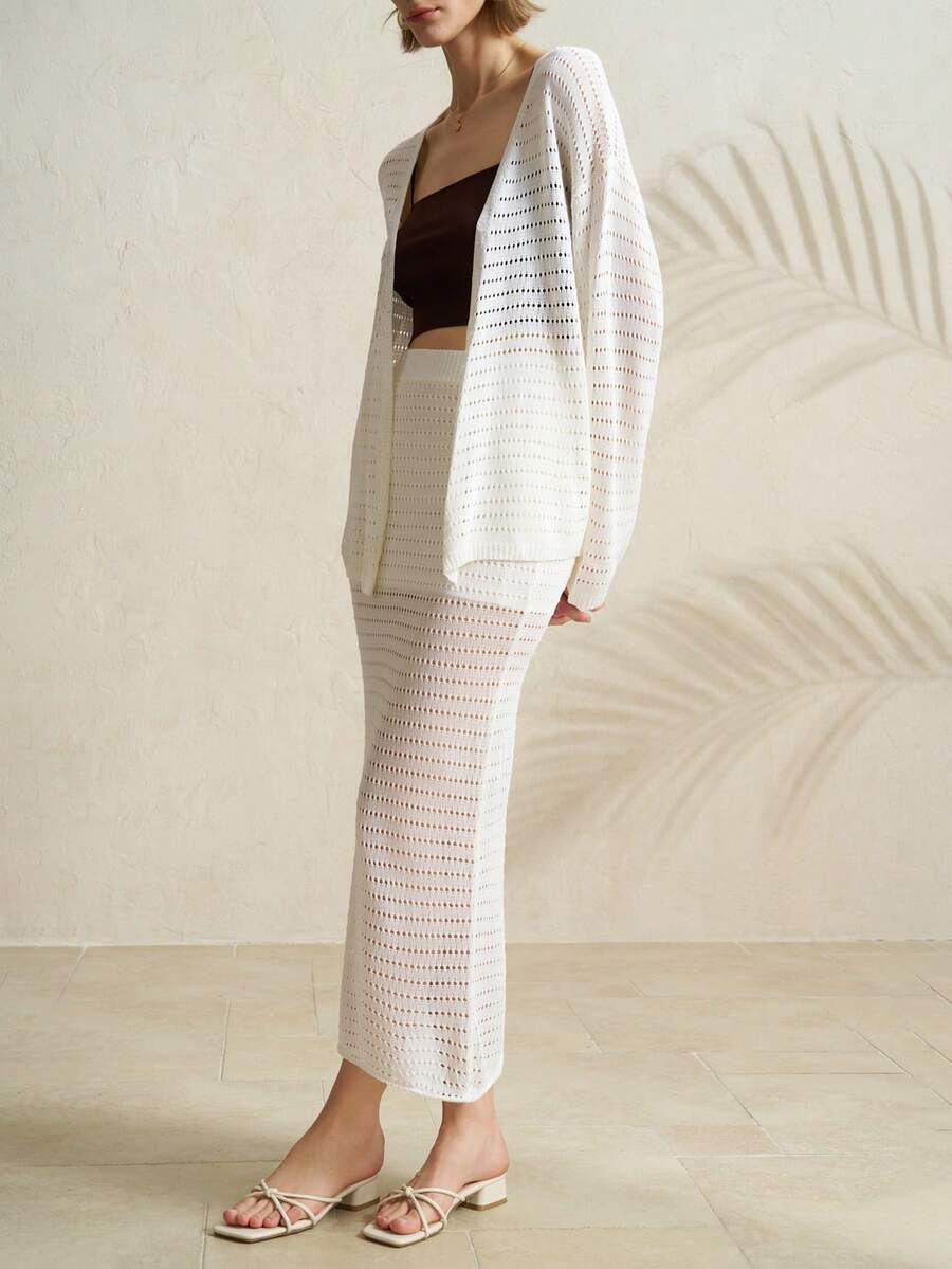 Airaco 女士休闲度假简约宽松针织镂空开衫半裙套装，春夏款 - 米色 - 查看 1