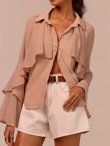 COSMINA Women's Elegant Long Sleeve Ruffle Flowy Blouse,Autumn Dusty Rose Bohemian Loose Top,Versatile For Brunch,Commute,Vacation,Office,Date Beige Shirt - Khaki - View 5