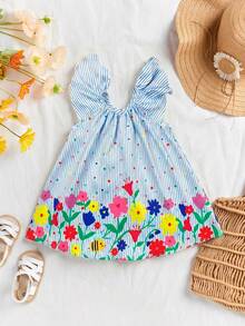 SHEIN Baby Girl Summer Vacation Striped Cartoon Pattern Loose Fit Cap Sleeve Dress, Suitable For Summer - Blue - View 4