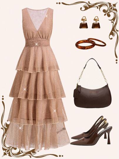 Ellevyn 女士V领收腰层叠豹纹无袖连衣裙，优雅日常穿着，春夏秋季皆宜