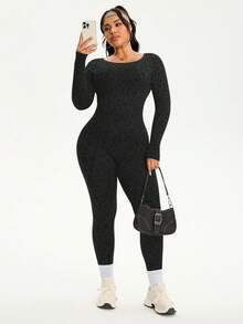 SHEIN Sports جمبسوت رياضية بدون ظهر بأكمام طويلة ذات طبعة نمر للنساء ذوات الحجم الكبير - رمادي غامق - مشاهدة 2