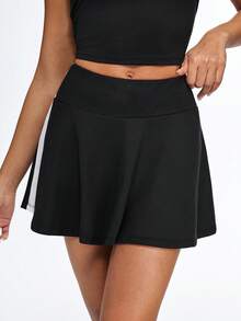 Eassivo Eassivo Women's Black Tennis Skirt With White Side Stripe, High Waist Flowy Athletic Skort, Stretchy Active Sports Skirt For Workout, Running, Golf, And Casual Outfits,Plain Black And White Women's Sports Skort With Mini Shorts And Pocket Detail,Athletic Skorts,Black And White Skort - Black and White - View 4