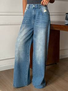 Western Cowgirl Distressed Loose Wide Leg Jeans, Shiny Silver Casual Street Style For Women, Spring/Summer - Blue - View 4