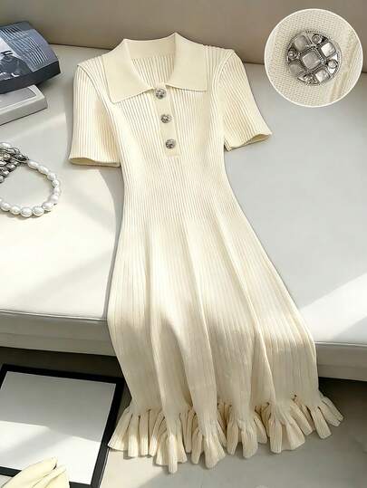 Franclia Women's Spring/Summer Apricot Elegant Dress With Lapel Collar, Straight Shoulders, Short Sleeves, Simple And Versatile For Everyday Wear, Half-Open Button Fit, Slim Fit, Solid Color Knit With Ruffled Hem, Women's White Dress, Long Casual Dress, Women's Resort Wear, Women's Elegant Dress, Women's Vacation Outfit, Wedding Guest Dress, Women's Elegant Party Dress, Women's Summer Dress, From Spring To Summergraduation Season Attire, Fashionable Casual Commuter Wear, Business Office Wear, Versatile And Stylish Everyday Casual Wear, Urban Teacher's Professional Attire