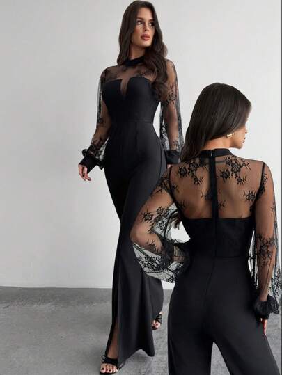 Firerie Women's Lace Patchwork Stand Collar Slim Fit Jumpsuit, Suitable For Commuting And Daily Wear