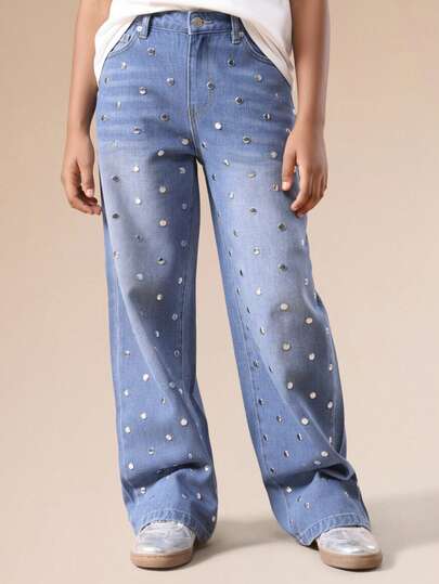 SUMWON Studded Wide Leg Denim Jeans With All Over Metal Embellishments For Casual Streetwear Fashion