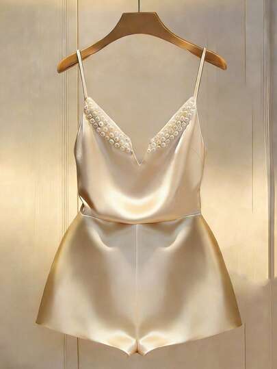 GlowEve Women's Satin V-Neck Faux Pearl Decor Spaghetti Strap Jumpsuit
