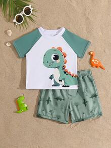 2pcs Cute Dinosaur Print Baby/Toddler Boys Swimsuit Set Baby Dinosaur Swimsuit Baby Boy Rash Guard Toddler Boy Beach Wear Dinosaur Toddler Boy Outfit Graphic Tees Baby Boy Toddler Rash Guard Boy Toddler Swim Shirts - Army Green - View 4