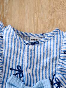 SHEIN Vintaside Kids Baby Girls' Simple Cute Striped Blue Bow Ruffle Hem Sleeveless Dress And Blue Hat, Suitable For Everyday Wear, Spring/Summer - Blue - View 4