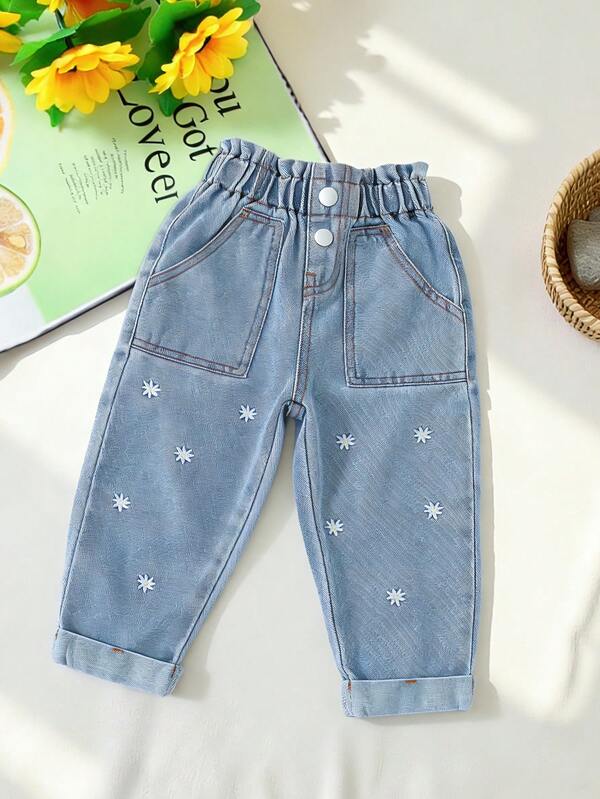 SHEIN 女婴休闲度假通勤花卉刺绣纸袋腰锥形牛仔裤