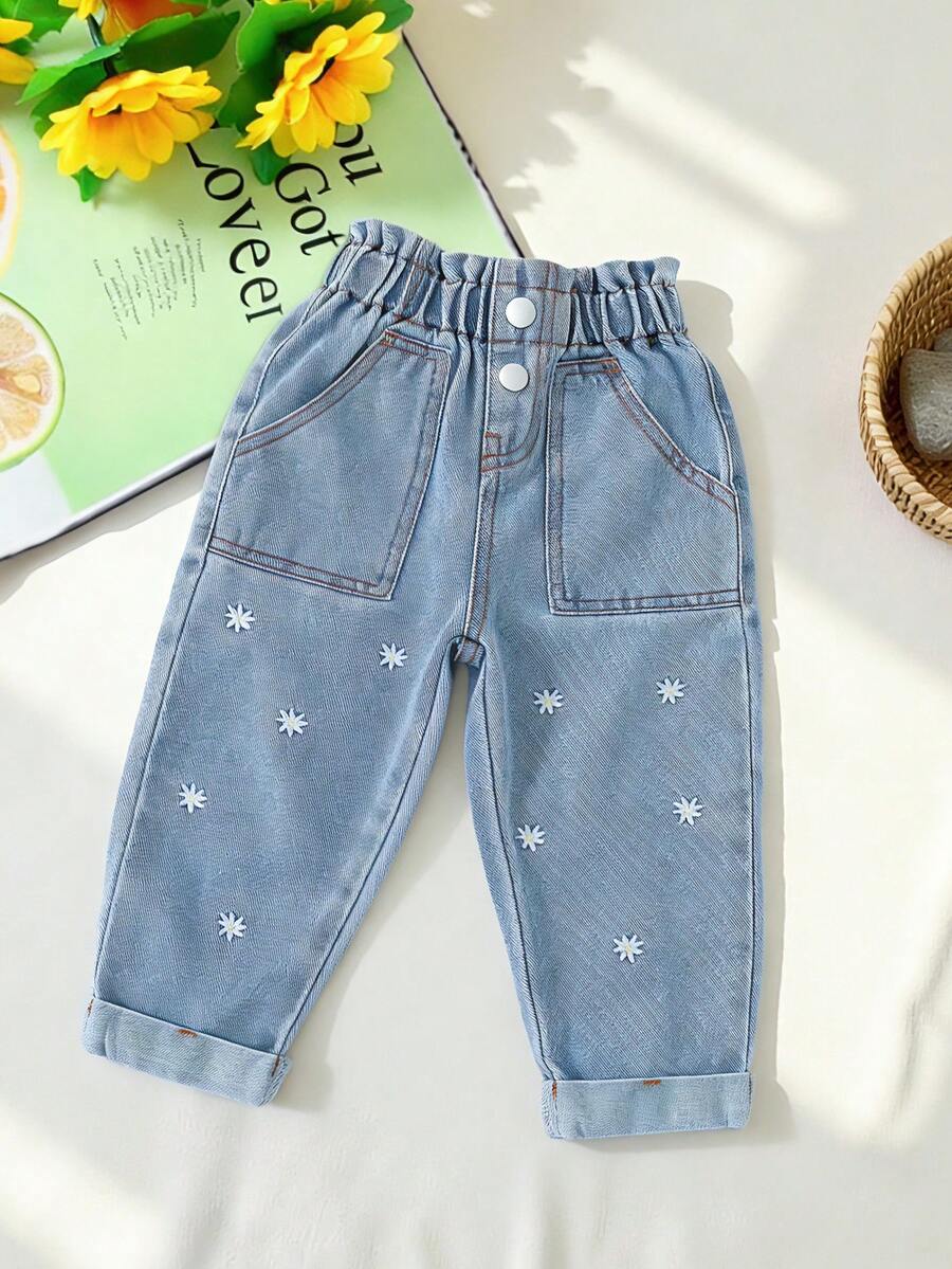 SHEIN 女婴休闲度假通勤花卉刺绣纸袋腰锥形牛仔裤 - 淺色水洗藍 - 查看 1