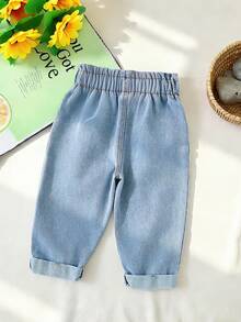 SHEIN Baby Girl Casual Vacation & Commute Floral Embroidery Paper Bag Waist Tapered Denim Jeans - Light Wash - View 2