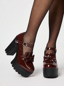 ROMWE Kawaii Giày cao gót đế xuồng bằng da bóng kiểu Gothic dành cho nữ, giày lười phong cách Punk với một quai, nơ và khóa vuông bằng kim loại; giày nữ gợi cảm cho các câu lạc bộ đêm, tiệc tùng và kỳ nghỉ. - màu nâu - Xem 1